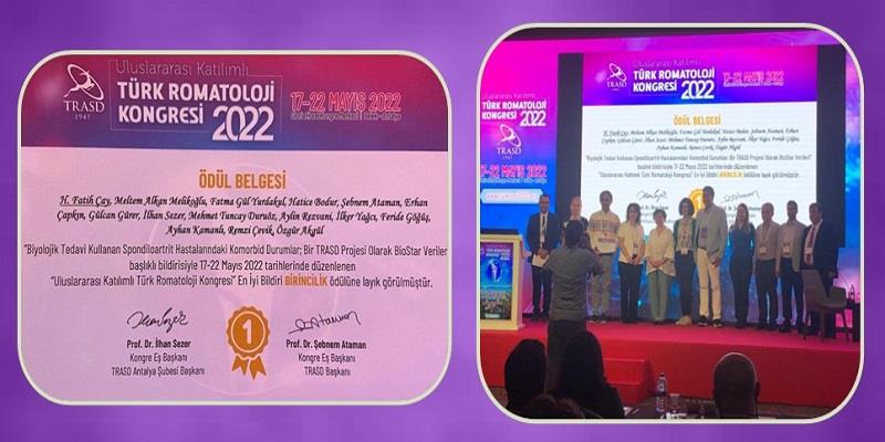 SEAH Hekimlerine TRASD  2022 Türk Romatoloji Kongresinden “Birincilik” Ödülü
